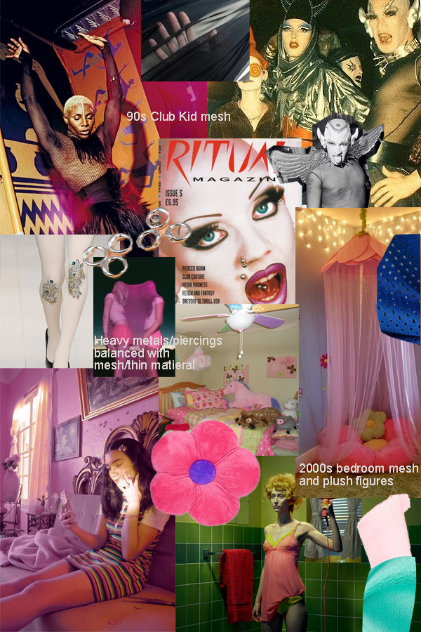 Annabelle mood board: 90s club kid mesh, heavy metals and piercings, 2000s bedroom plush