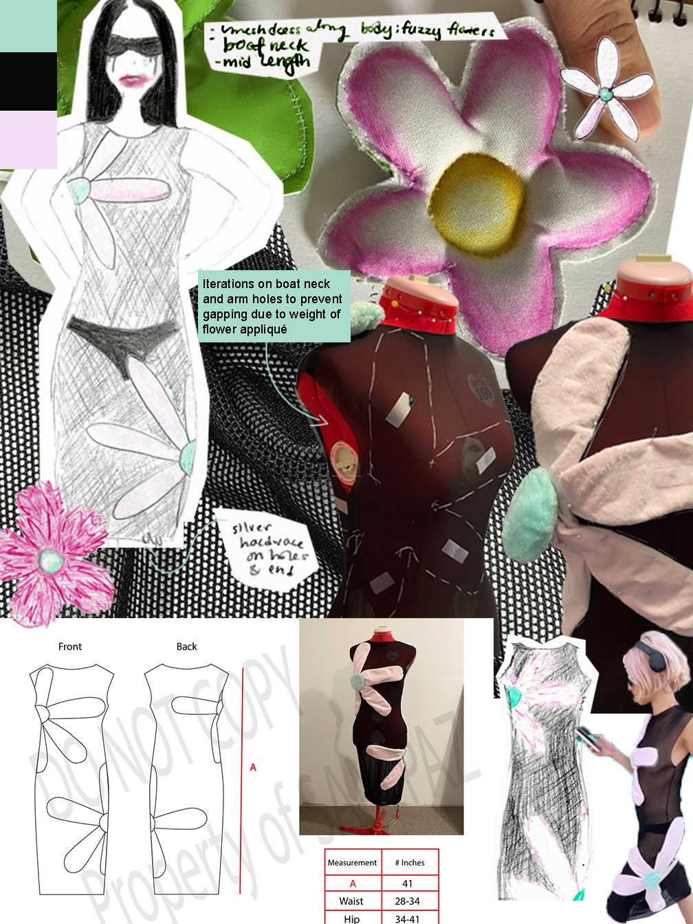 Annabelle design development: sketches, the flower appliqué, dress form fittings, front and back flats