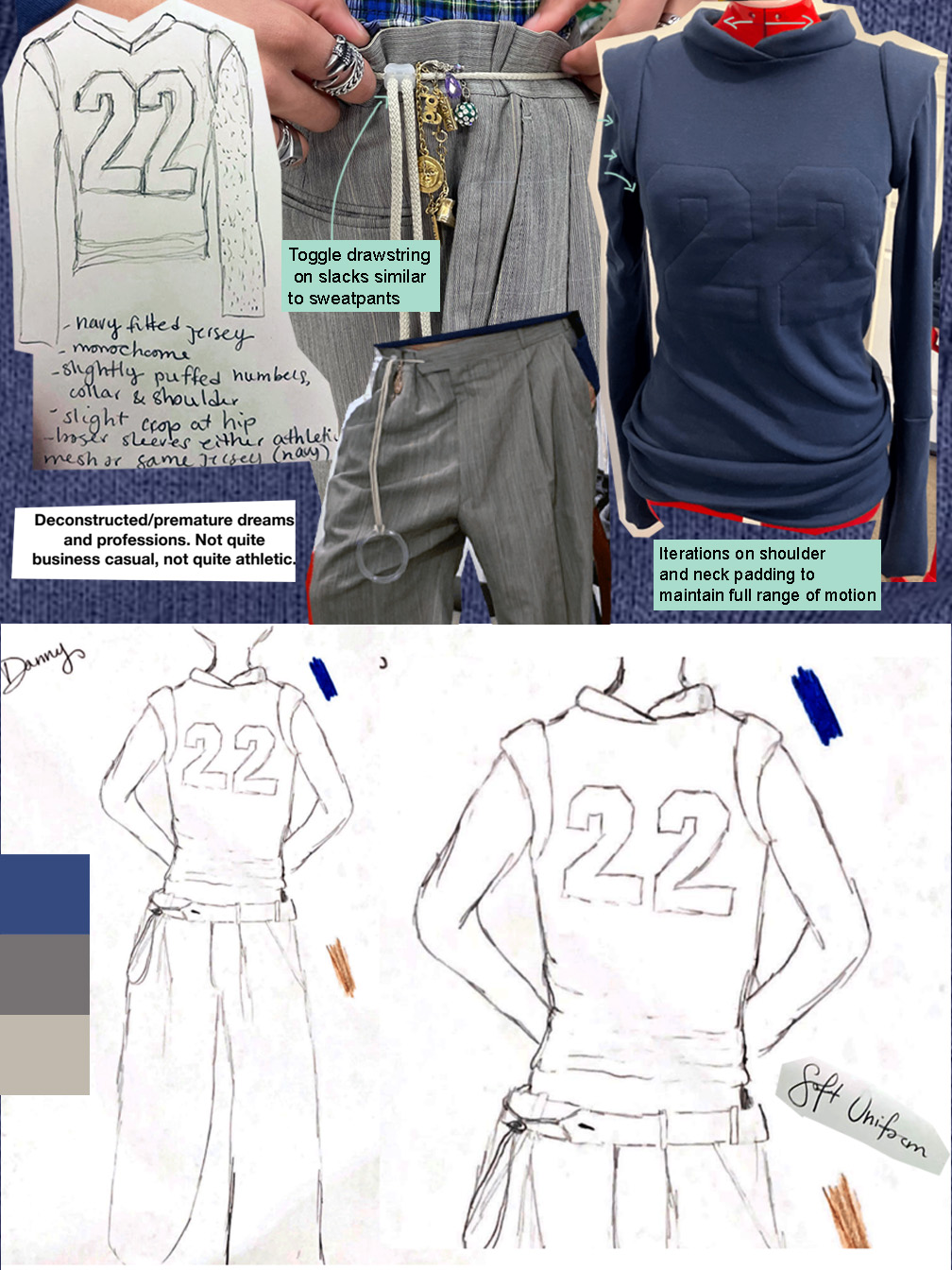 Danny design development: jersey sketches, toggle drawstring slacks, padded shoulder iterations