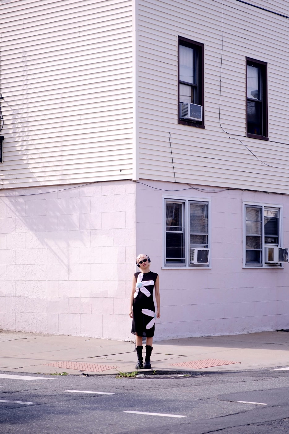 Annabelle look on model at a street corner