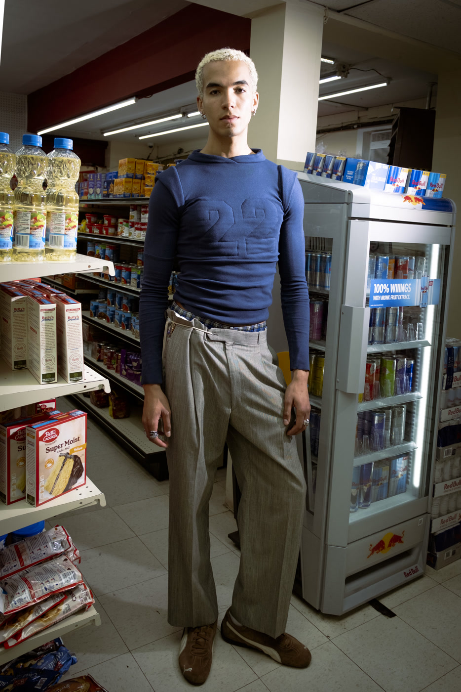 Danny look on model in the bodega aisle